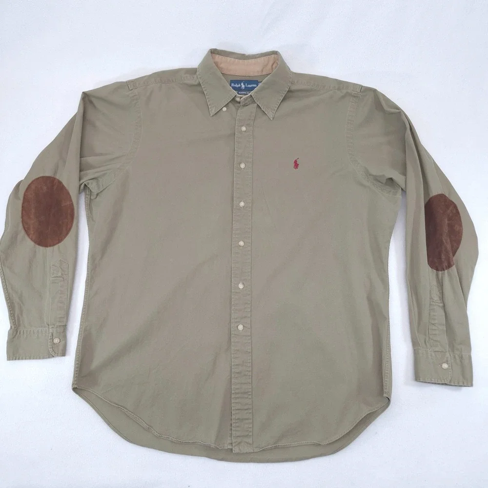 Polo Ralph Lauren Button Down Shirt Olive Green Large L Suede Elbow Patch Preppy